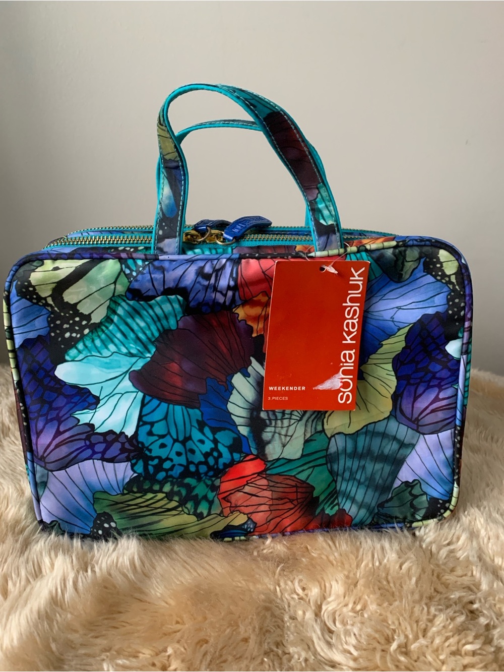 NWT: Sonia Kashuk Blue Green Floral On The Go Cosmetic Bag